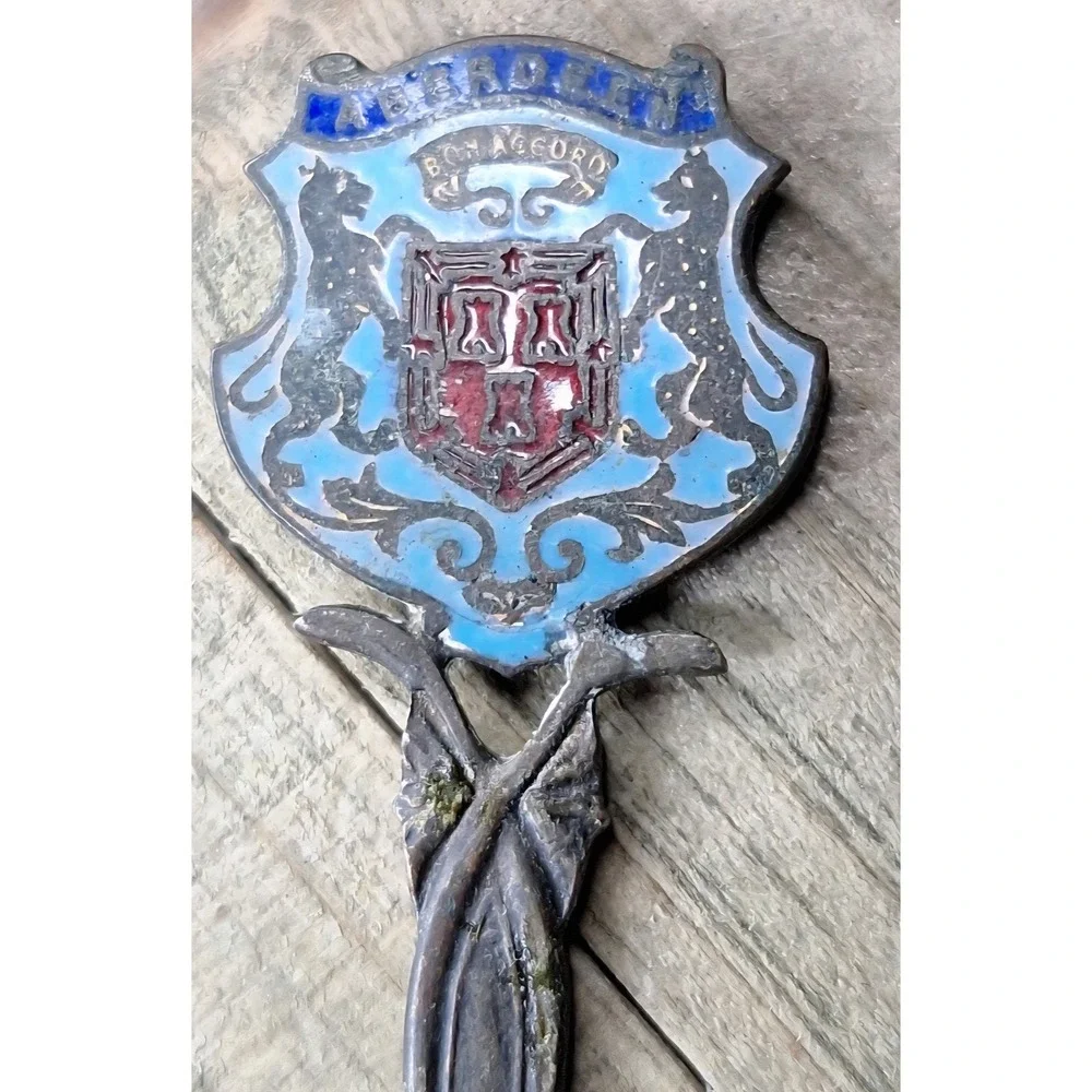 Antique Aberdeen Scotland Sterling Silver Enamel Souvenir Spoon Bon Accord Crest